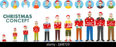 All age group of man family. Generations man. People generations at different ages hold the box in the Santa Claus hat hat isolated on white backgroun Stock Vector