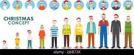 All age group of man family. Generations man. People generations at different ages in the Santa Claus hat isolated on white background in flat style. Stock Vector