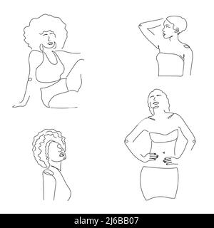 African, American tattoo set avatar contour figure of girl. Simple vector illustration in one line art Stock Vector