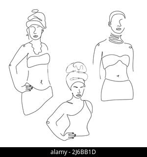 Tattoo contour set of African, American avatar figure of girl. Simple vector illustration in one line art Stock Vector