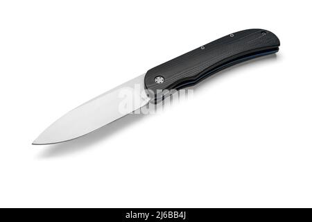 Unfolded folding knife with black handle and blue titanium liner lock. Stock Photo