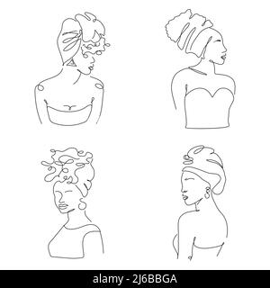 Tattoo set of African, American avatar silhouette of woman Vector illustration in one line art Stock Vector