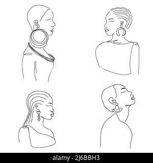 African, American tattoo set avatar contour figure of girl. Simple vector illustration in one line art Stock Vector