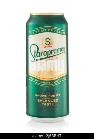 LONDON,UK - February 27,2022: Staropramen lager beer on white. The spirit of Prague Stock Photo