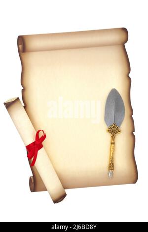 Old fashioned parchment scroll with quill pen and rolled scroll tied with red ribbon. Manuscript, diploma or letter composition. Flat lay, copy space Stock Photo