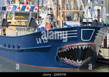 NETHERLANDS, Frisia, Lauwersoog, fishing trawler in harbour / NIEDERLANDE, Lauwersoog, Fischerboote im Hafen, Kutter mit Haifisch Gebiß Bemalung am Bug Stock Photo