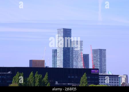 A high level view of skyscrapers at Deansgate Square in central Manchester, England, United Kingdom, seen from the South of the city centre. Stock Photo