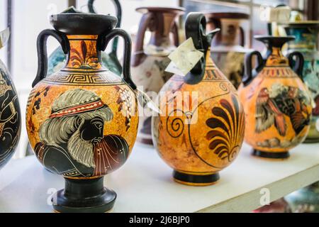 Kalambaka, Greece - June 10, 2018: A look at the exhibited items of a local shop in the city of Kalambaka in Greece. Stock Photo