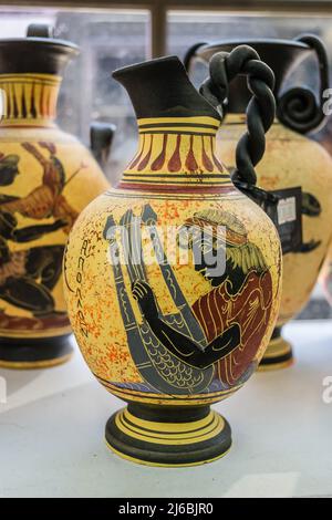 Kalambaka, Greece - June 10, 2018: A look at the exhibited items of a local shop in the city of Kalambaka in Greece. Stock Photo