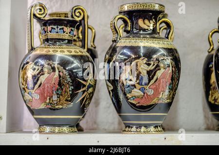 Kalambaka, Greece - June 10, 2018: A look at the exhibited items of a local shop in the city of Kalambaka in Greece. Stock Photo