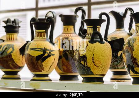 Kalambaka, Greece - June 10, 2018: A look at the exhibited items of a local shop in the city of Kalambaka in Greece. Stock Photo