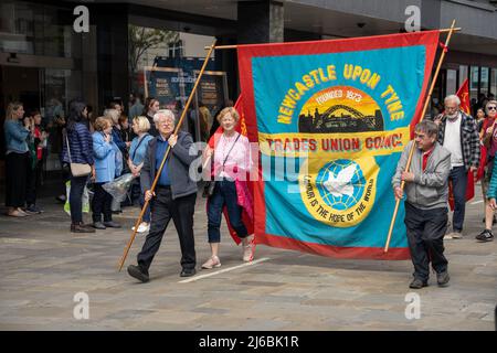 Newcastle upon Tyne, UK - 30th April, 2022: People take part in a May day march, celebrating and campaigning for worker's rights, equality, the NHS, and sharing hopes for peace and justice. Credit: Hazel Plater/Alamy Live News Stock Photo