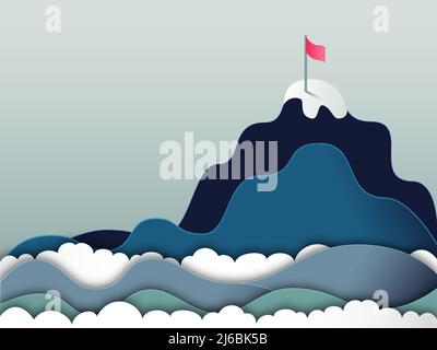 Paper cut style vector illustration of mountain peak with red flag. Concept of business success and achievement. Background illustration in blue and g Stock Vector