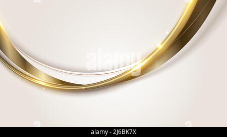 Abstract elegant template white and brown curve shape with 3D golden curved lines rounded and lighting sparking on clean background luxury style. Vect Stock Vector