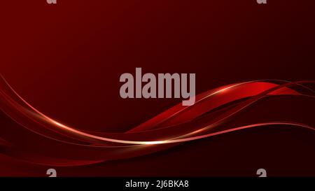 Abstract 3D luxury red color wave lines with shiny golden curved line decoration and glitter lighting on gradient red background. Vector illustration Stock Vector