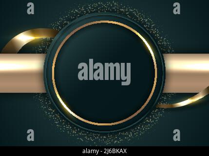 Abstract modern luxury dark green circle shape and golden ring with gold glitter ribbon lines on dark background. Vector graphic illustration Stock Vector