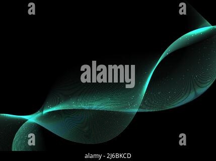 Abstract green wave or wavy lines glow light effect with particles on black background. Vector illustration Stock Vector