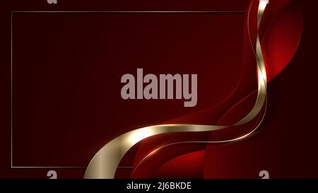 3d Golden Shapes And Lines On Abstract Red Background. Elegant Luxury 