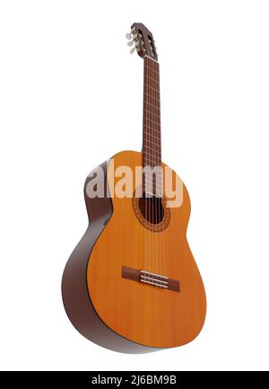six-string wooden classical acoustic guitar isolated white background Stock Photo