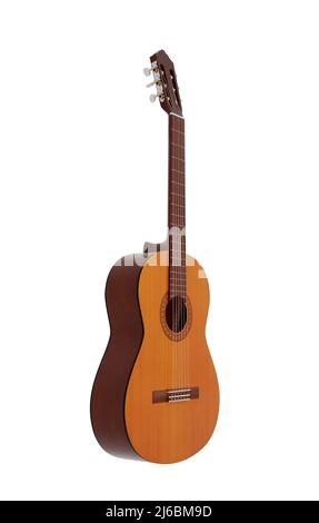 six-string wooden classical acoustic guitar isolated white background Stock Photo