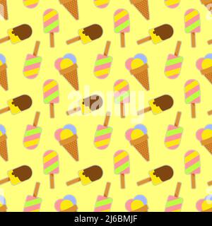 Seamless pattern with sundae ice cream and popsicle drawing in flat style Stock Vector