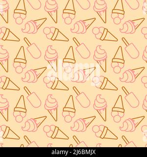 Seamless pattern with sundae ice cream and popsicle drawing in outline style Stock Vector