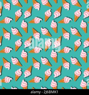 Seamless pattern with sundae ice cream in waffle cones drawn in flat style Stock Vector