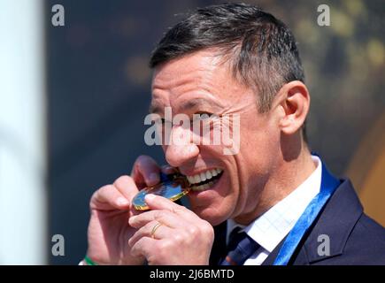 Jockey Frankie Dettori after receiving his QIPCO British Champions Series Hall of Fame medal on day two of the QIPCO Guineas Festival at Newmarket Racecourse, Newmarket. Picture date: Saturday April 30, 2022. Stock Photo