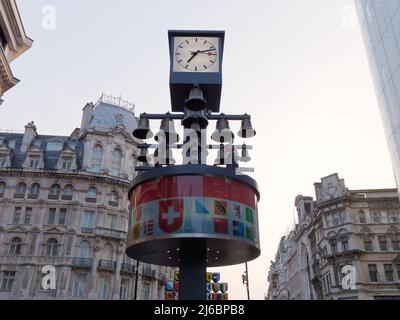 London, Greater London, England, April 23 2022: Close up of the Swiss Clock in Leicester Square. Stock Photo