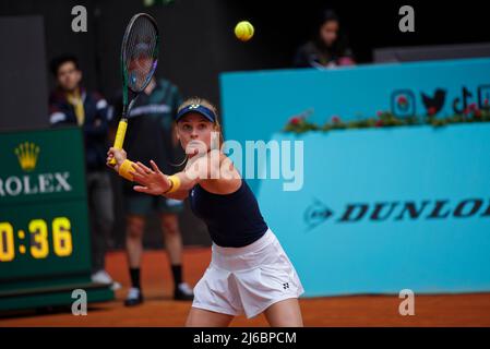 Madrid, Spain. 30 April, 2022. Tennis: Mutua Madrid Open tennis tournament - Madrid, Individual, Women: Marie Bouzkova (Czech Republic) V Dayana Astremska (Ukraine). Astremska strikes. Credit: EnriquePSans/Alamy Live News Stock Photo