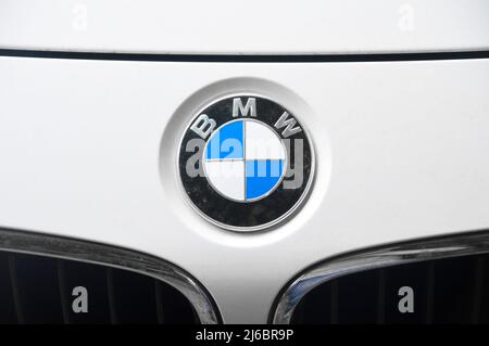 BMW chrome metal logo, luxury car in Istanbul city, August 15 2015 Istanbul Pendik Turkey used car market Stock Photo