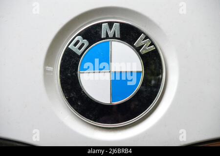 BMW chrome metal logo, luxury car in Istanbul city, August 15 2015 Istanbul Pendik Turkey used car market Stock Photo