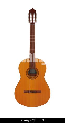 six-string wooden classical acoustic guitar isolated white background Stock Photo