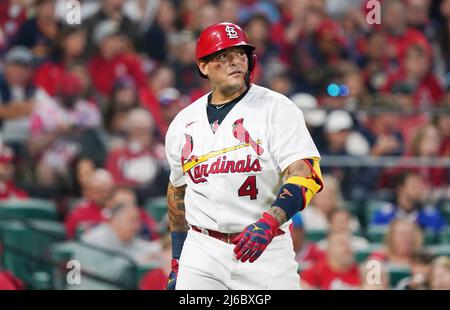 St Louis, USA. 30th April, 2022. St. Louis Cardinals catcher Yadier Molina  walks out to his position for the third inning against the Arizona  Diamondbacks at Busch Stadium in St. Louis on