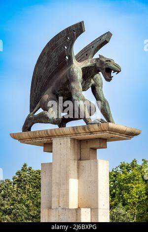 Gargoyle guardian sculpture at Puente del Reino (Pont del Regne), Valencia, Spain Stock Photo