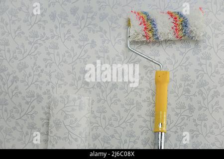 A long-haired roller stands near the wall for whipping wallpaper, a roller with a long handle Stock Photo