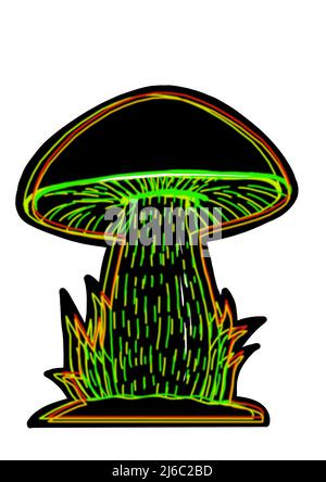 Different hand drawing black neon mushrooms on white background, clip-art for your project Stock Photo