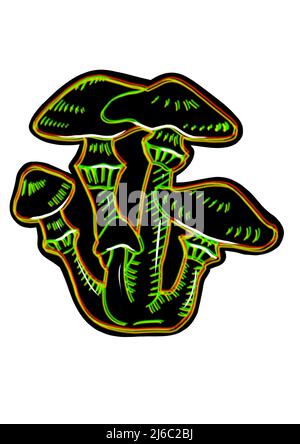 Different hand drawing black neon mushrooms on white background, clip-art for your project Stock Photo