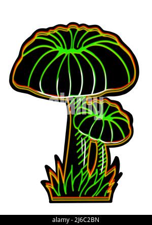 Different hand drawing black neon mushrooms on white background, clip-art for your project Stock Photo