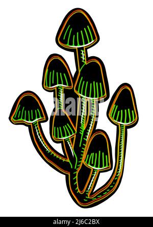 Different hand drawing black neon mushrooms on white background, clip-art for your project Stock Photo