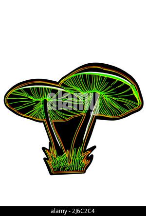 Different hand drawing black neon mushrooms on white background, clip-art for your project Stock Photo