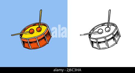 Drum with sticks. Musical instrument. Hand drawn sketch in vintage doodle style. Stock Vector