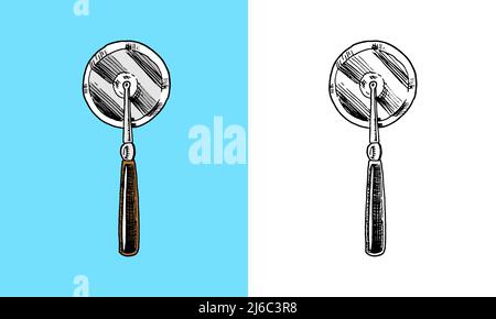 Bicycle pizza cutter. Food tool. Hand drawn sketch in vintage doodle style. Stock Vector