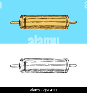 Wooden Rolling pin for dough. Hand drawn sketch in vintage doodle style. Stock Vector