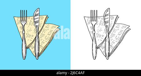 Table setting. Napkin, fork and knife. Food tools. Hand drawn sketch in vintage doodle style. Stock Vector