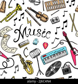 Musical seamless pattern. Musical Instruments. Vector symbols. melody background. Studio sound. Guitar, synthesizer, drums. Hand drawn sketch in Stock Vector