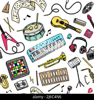 Musical seamless pattern. Musical Instruments. Vector symbols. melody background. Studio sound. Guitar, synthesizer, drums. Hand drawn sketch in Stock Vector