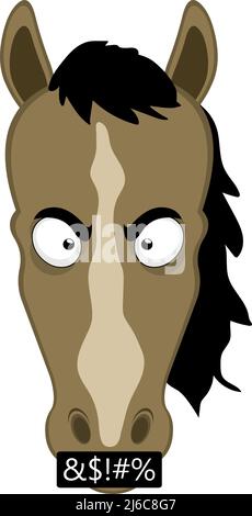 Vector illustration of the face of a cartoon horse with an expression of anger and insulting Stock Vector