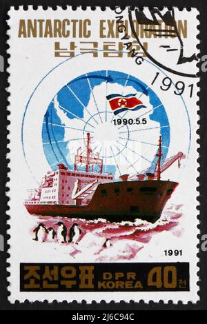 NORTH KOREA - CIRCA 1991: a stamp printed in North Korea shows Research Ship, Antarctic Exploration, circa 1991 Stock Photo