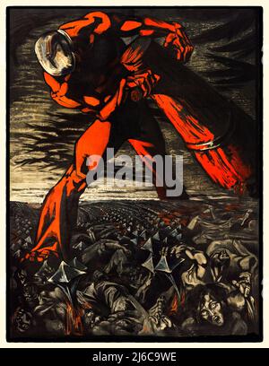 An allegory of the Goliath and David perception of the current war between Russia against Ukraine. This image has been developed and slightly modified from a 1917 Italian poster by the Italian artist Sergio Canevari. Stock Photo